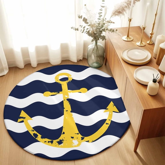 Chic Nautical Anchor on Navy Blue White Sripes Round Area Rug 3ft,Living Room Rug Non-Slip Washable Circle Rugs Pad,Chevron Zig Zag Soft Floor Carpet for Bedroom Dining Room