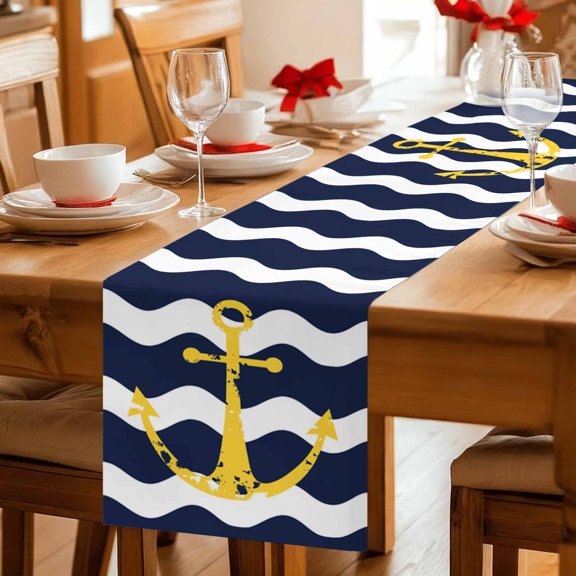 Chic Nautical Anchor on Navy Blue White Sripes Table Runner 36 Inches Long,Kitchen Dining Tablerunners Chevron Zig Zag Linen Table Runners Dresser Scarves for Home Dinner Wedding Holiday Party Decor