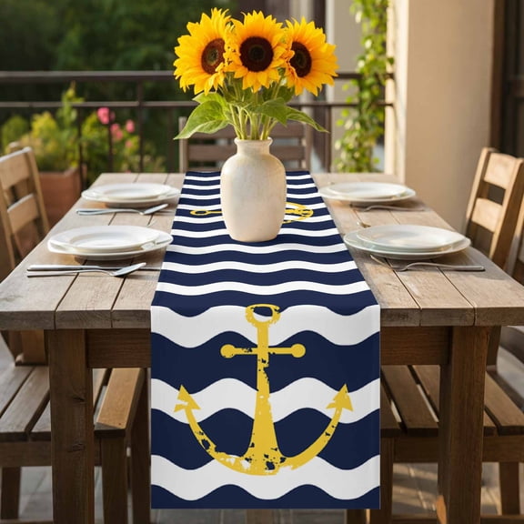 Chic Nautical Anchor on Navy Blue White Sripes Table Runner-70 Inch Long Chevron Zig Zag Table Runners Linen Burlap Tablerunner for Kitchen Dining Room Holiday Party