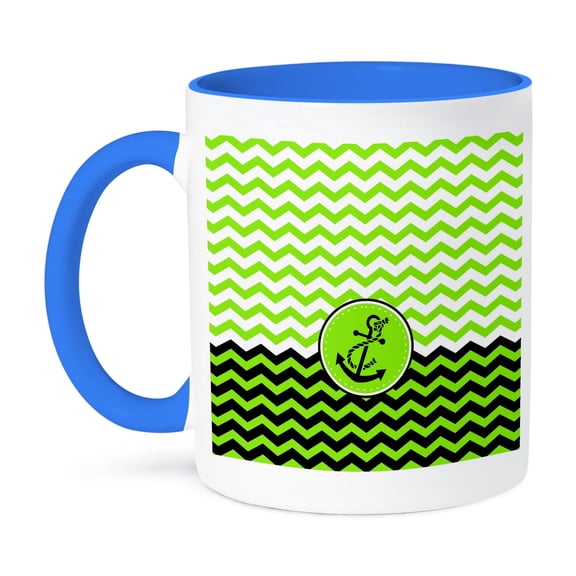 3dRose, Chic Nautical Anchor design over green and white chevrons, 15oz Two-Tone Blue Mug