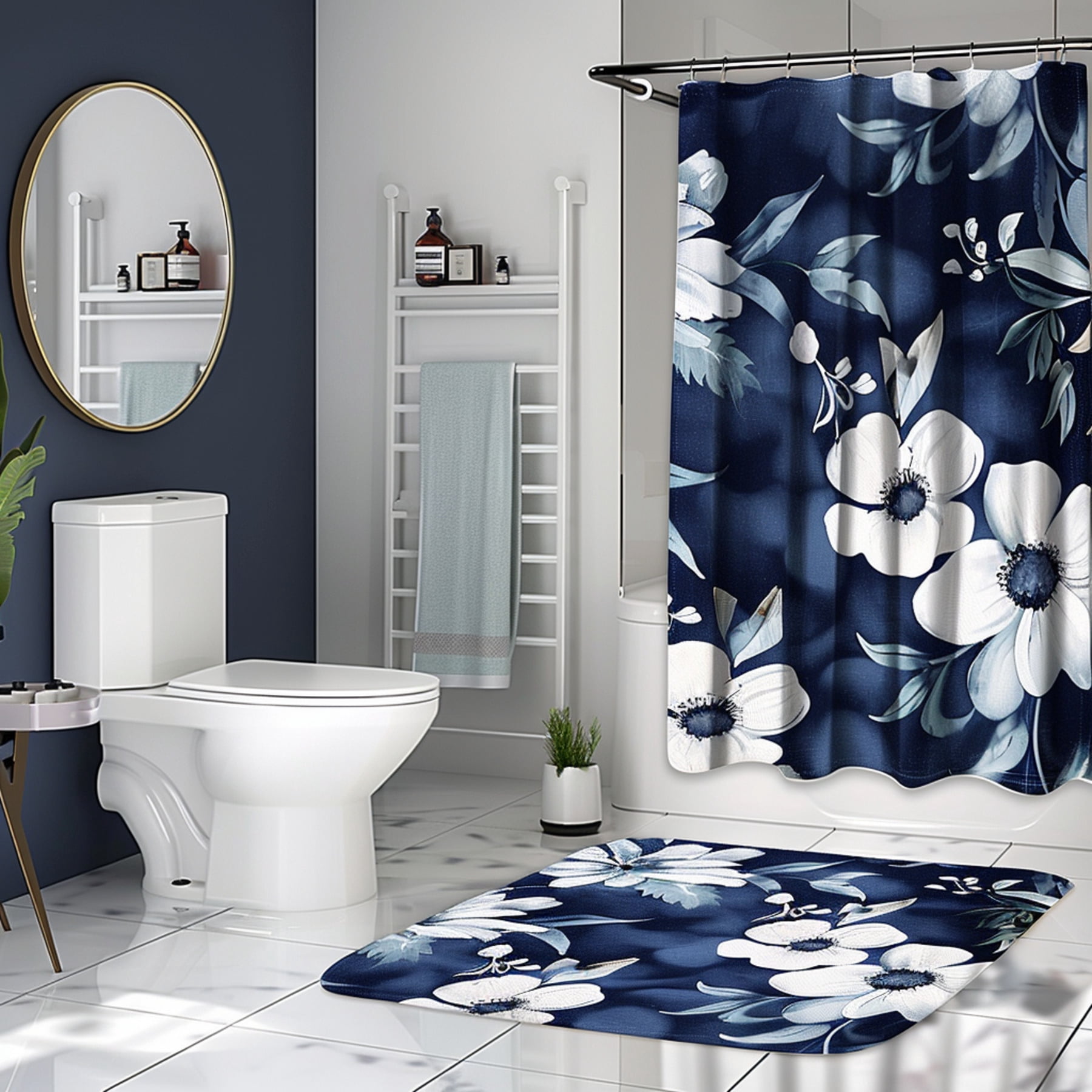 Chic Navy Blue Floral Bathroom Set with Elegant White Accents Complete