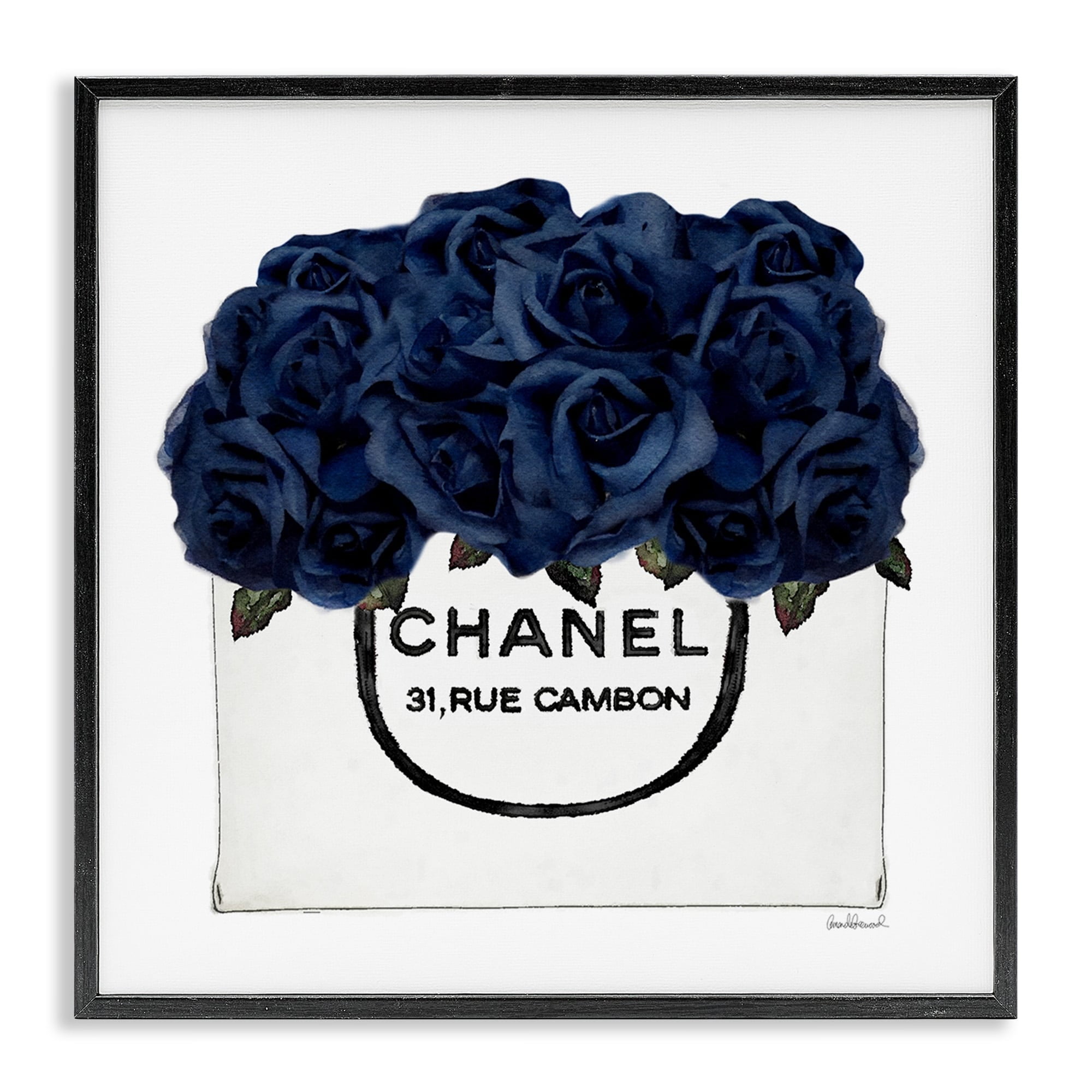 Chic Navy Blue Roses in Glam Fashion Bag Botanical & Floral Framed Art Print Wall Art, 17x17