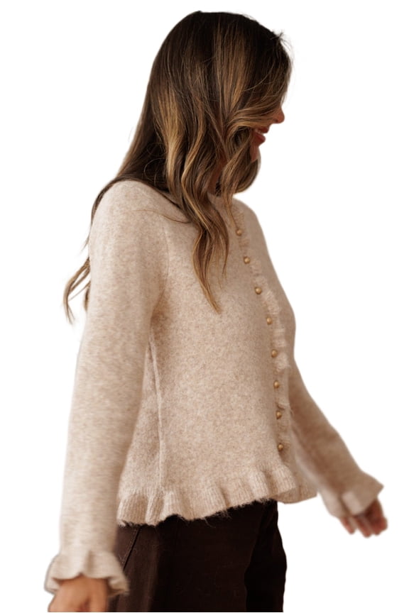 Chic Oatmeal Sweater Cardigan with Ruffle Hem and Gold Buttons – Perfect for Winter Office Style | L
