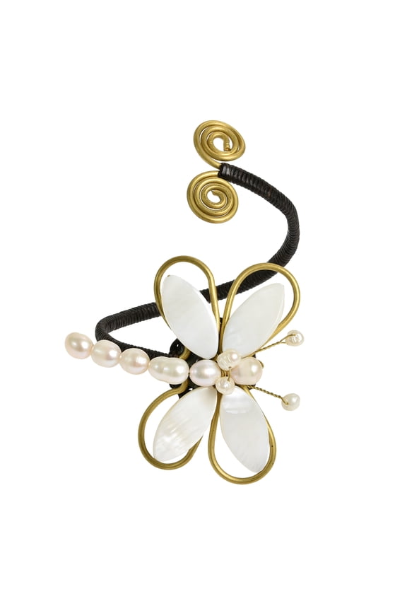 Chic Organic White Cultured Freshwater Pearl-Mother of Pearl Dragonfly Handmade Brass Cuff
