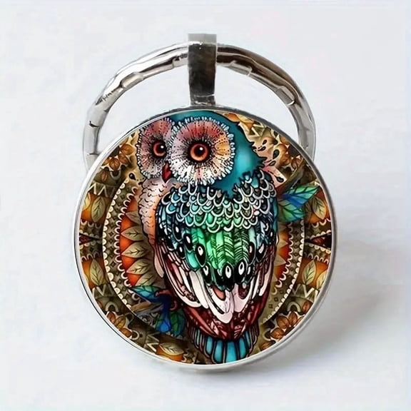 Colorful Mandala Owl Keychain, Vintage Boho Style Owl Art Photo Key Ring, Glass Dome Metal Key Holder, Cute Animal Pendant Key Chain Gift for Owl Lovers Women Men