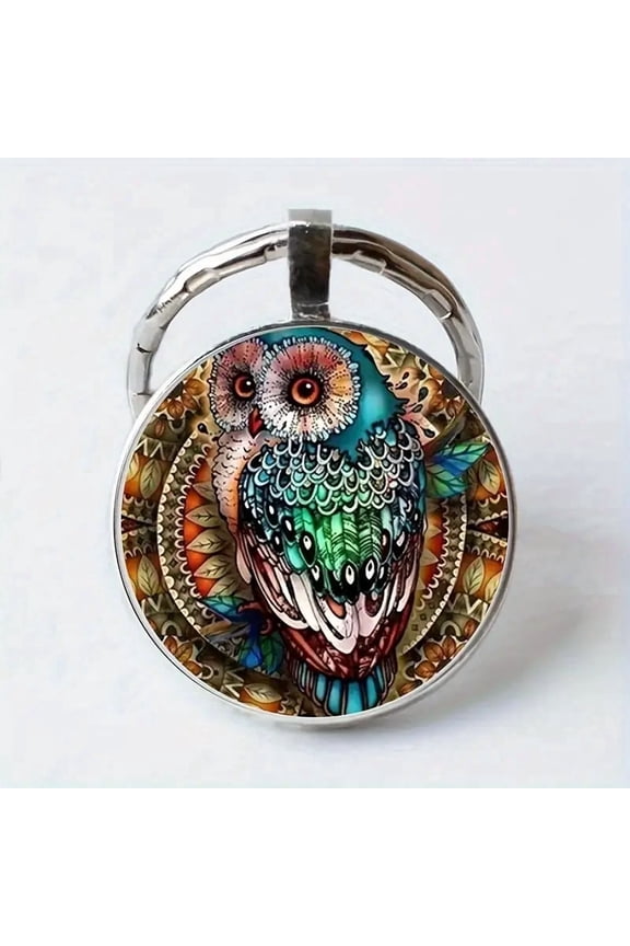 Colorful Mandala Owl Keychain, Vintage Boho Style Owl Art Photo Key Ring, Glass Dome Metal Key Holder, Cute Animal Pendant Key Chain Gift for Owl Lovers Women Men