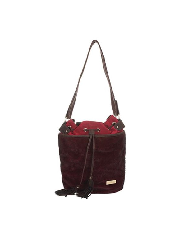 Chic Oxblood Drawstring Bucket Style Zip Closure Womens Handbag