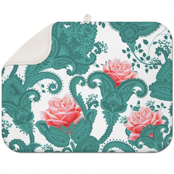 Chic Paisley Coffee Mat with Colorful Boho and Mandala Inspired Floral Design – Fast Drying Microfiber Spill Mat, Multi-Functional Dish Drying Pad for Kitchen and Cafe Use