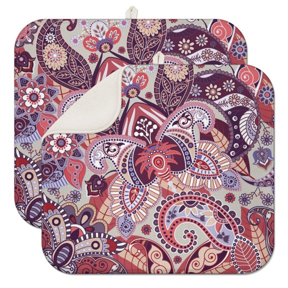 Chic Paisley Coffee Mat with Colorful Boho and Mandala Inspired Floral Design – Fast Drying Microfiber Spill Mat, Multi-Functional Dish Drying Pad for Kitchen and Cafe Use