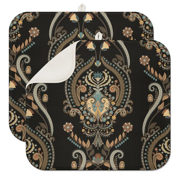 Chic Paisley Coffee Mat with Vibrant Boho and Mandala Floral Patterns – Absorbent Microfiber Spill Pad, Foldable Dish Drying Mat for Kitchen and Coffee Bars