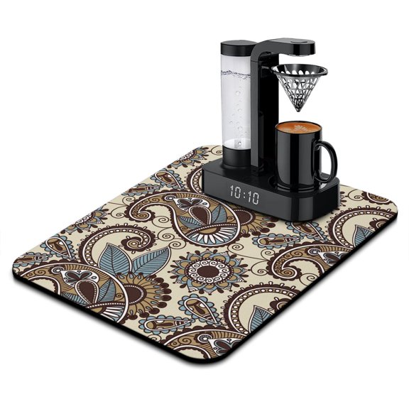 Chic Paisley Pattern Dish Drying Mat, Vintage Mandala Inspired Absorbent Coffee Bar Mat, Colorful Floral Kitchen Counter Protector