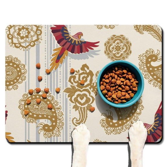 Chic Paisley Pattern Dog Feeding Mat - Absorbent Pet Food Spill Mat - Non-Slip Rubber Base - Vintage Floral Design - Easy to Clean - 12x19 Inches