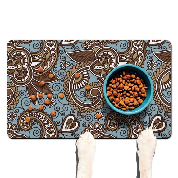 Chic Paisley Pattern Dog Feeding Mat - Waterproof Pet Food Spill Mat - Non-Slip Placemat - Ethnic Boho Design - Easy to Clean