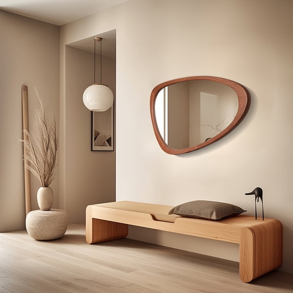 Chic Pebble-Shaped Asymmetric Mirror with Wooden Frame, 30.5 x 19.5 Inch Mid-Century Modern Decorative Mirror for Living Room, Bathroom, Bedroom, and Entryway Wall Decor