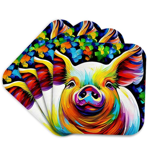3drose, Chic Pig Colorful Digital Portrait. Funny Home, Office Decor, Gift, Set of 4 Coasters - Soft