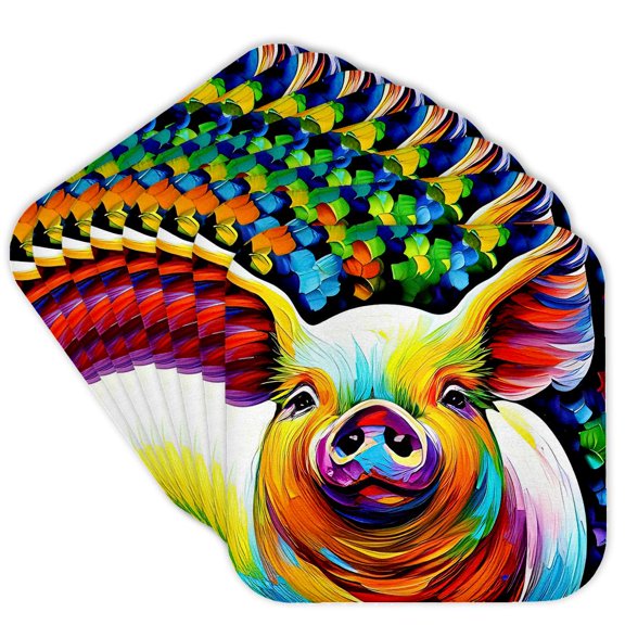 3drose, Chic Pig Colorful Digital Portrait. Funny Home, Office Decor, Gift, Set of 8 Coasters - Soft
