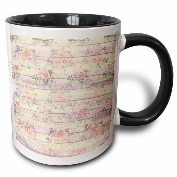 3drose, Chic Pink and Blue Roses on a Printed Faux Pink Wood Pattern, 15oz Two-tone Black Mug