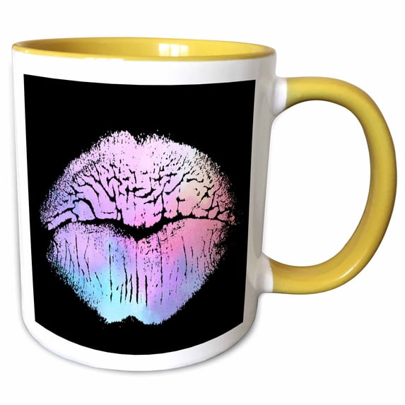 3drose, Chic Pink and Purple Gradient Lip Kiss Imprint Illustration, 11oz Two-tone Yellow Mug