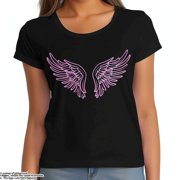 HAOY Chic Pink Angel Wings Outline Women's Black Tee Elegant Casual Fashion
