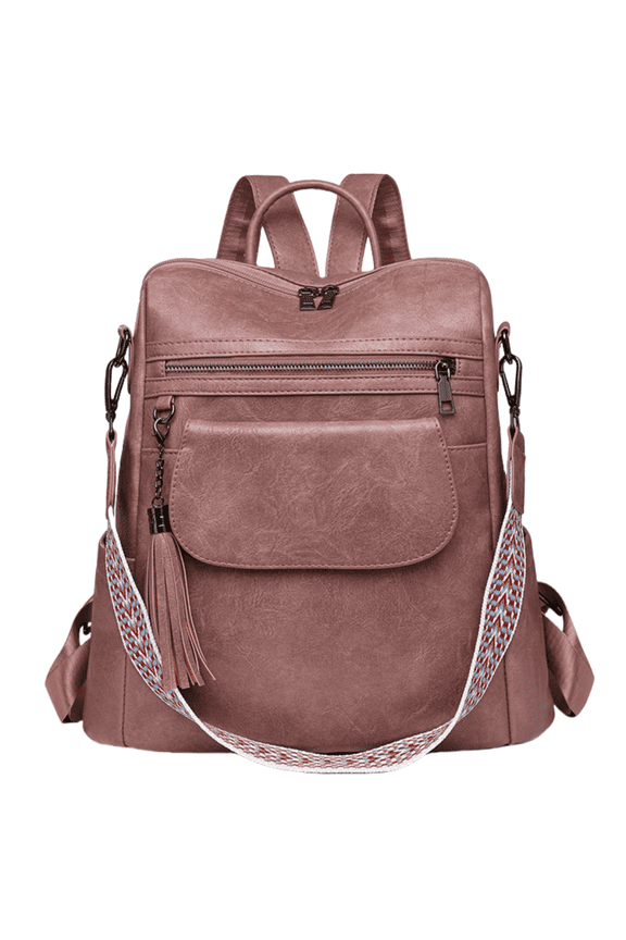 Women's Pink Faux Leather Multi-Functional Backpack - Fits 13-inch Laptop, Vintage Style, Waterproof & Stain-Resistant, with Fringe Charm, Perfect for Work/School/Travel