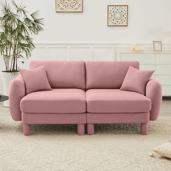Chic Pink Boucle Fabric 2-Seater Loveseat Sofa Couch with Unique Shell Armrests & Self-Fabric Wrapped Cylindrical Legs - Cozy & Durable Living Room Furniture for Ultimate Relaxation