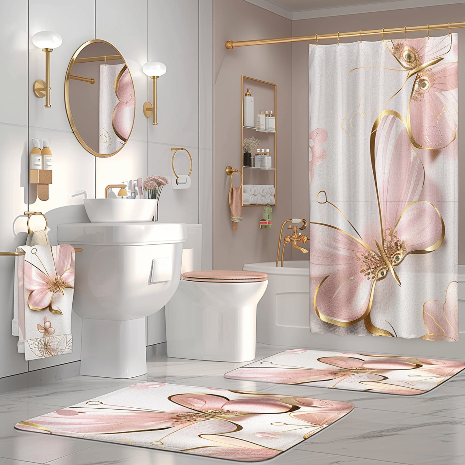 Chic Pink Butterfly Bathroom Set with Elegant Gold Accents Shower Curtain