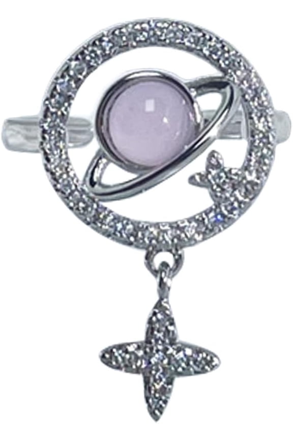 Chic Pink CZ Opal Star Planet Statement Ring for Women Fashion Crystals Moon Stone Celestial Starles Drop Tassel Open Wrap Finger Ring Adjustable Comfort Fit Dainty Engagement Wedding Jewelry