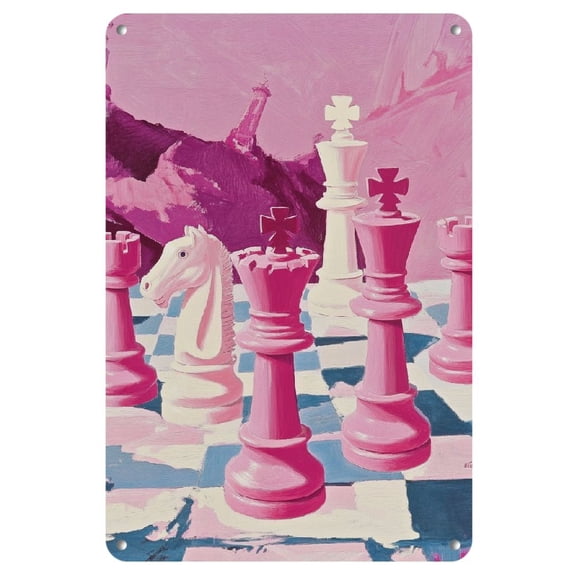 Chic Pink Chess Piece Iron Wall Art - Abstract Metal Decor for Home, Bar, Cafe, Garage - Easy Hang 8x12 Inches, Sign, Dining, Plate