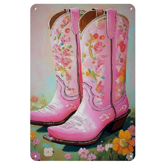 Chic Pink Cowboy Boots Iron Wall Art, 8x12 inches - Easy-Hang Metal Decor with Pre-Drilled Holes, Perfect for Room Decor