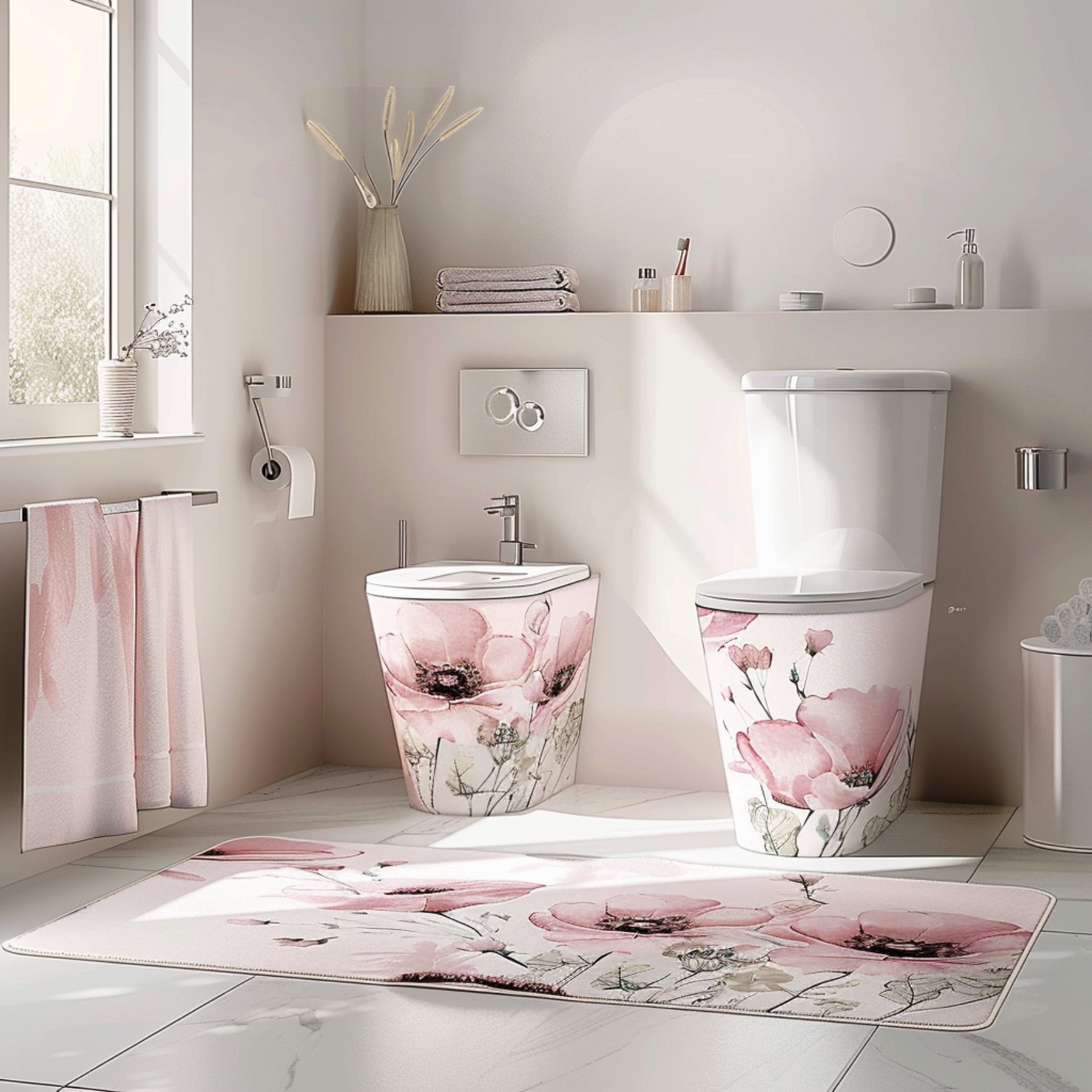 Chic Pink Floral Bathroom Set Flower Pattern Shower Curtain Pastel