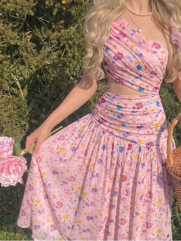 Chic Pink Floral One Shoulder Cutout Two Piece Set For Women