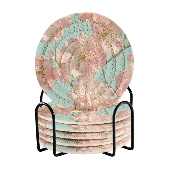 Chic Pink Flowers Drinking Coasters Cup Mat with Holder for Kitchen Cafe Bar 6 Packs