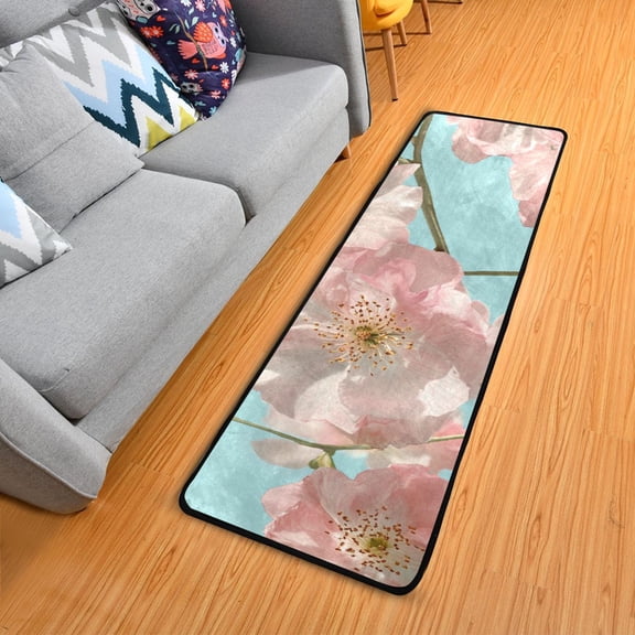 Chic Pink Flowers Long Floor Mat Runner Rug Area Mat Noise Reduction Water Absorbent Non-Slip 72" x 24"