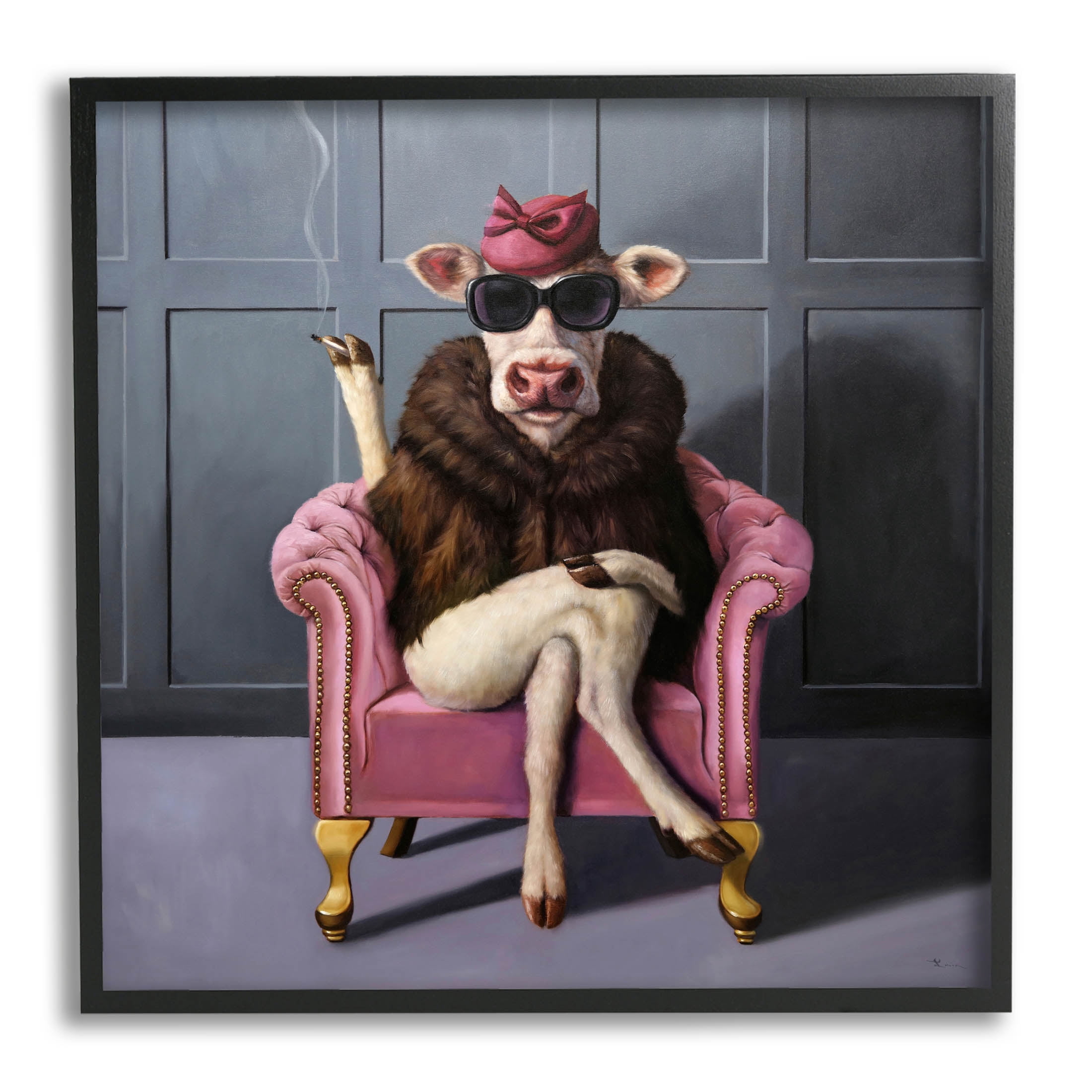 Chic Pink Glam Fashionable Cow Animals & Insects Painting Black Framed Art Print Wall Art