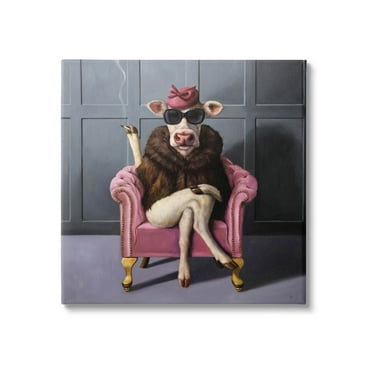 Chic Pink Glam Fashionable Cow Animals & Insects Painting Gallery Wrapped Canvas Print Wall Art