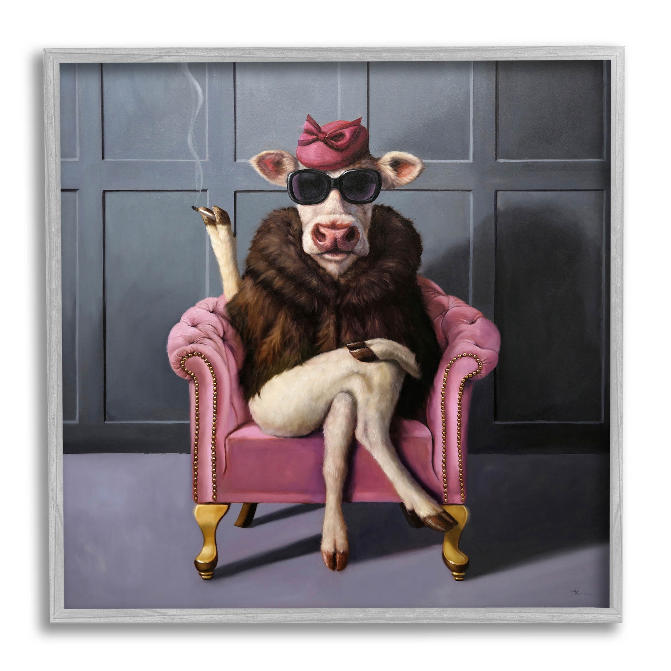 Chic Pink Glam Fashionable Cow Animals & Insects Painting Gray Framed Art Print Wall Art