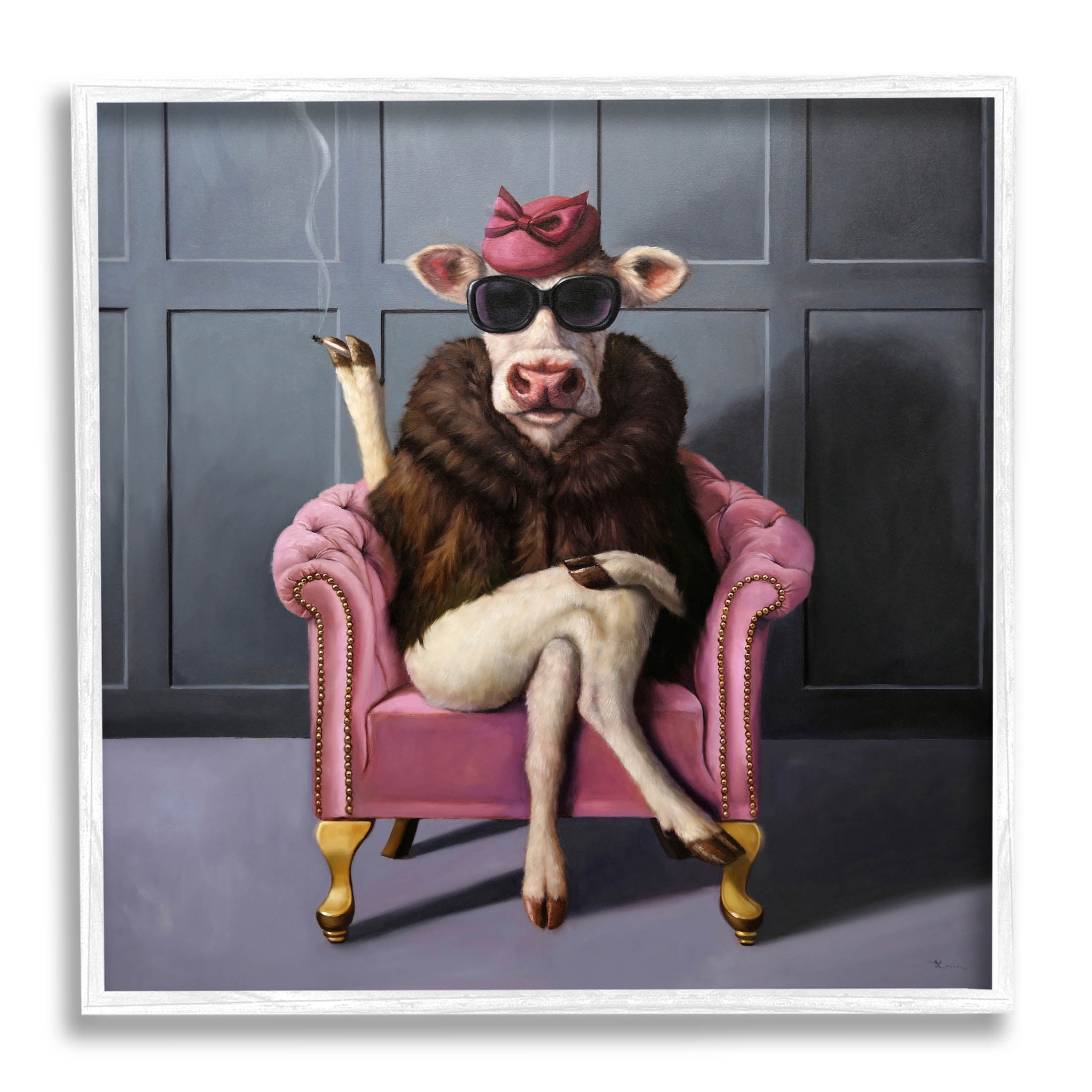 Chic Pink Glam Fashionable Cow Animals & Insects Painting White Framed Art Print Wall Art