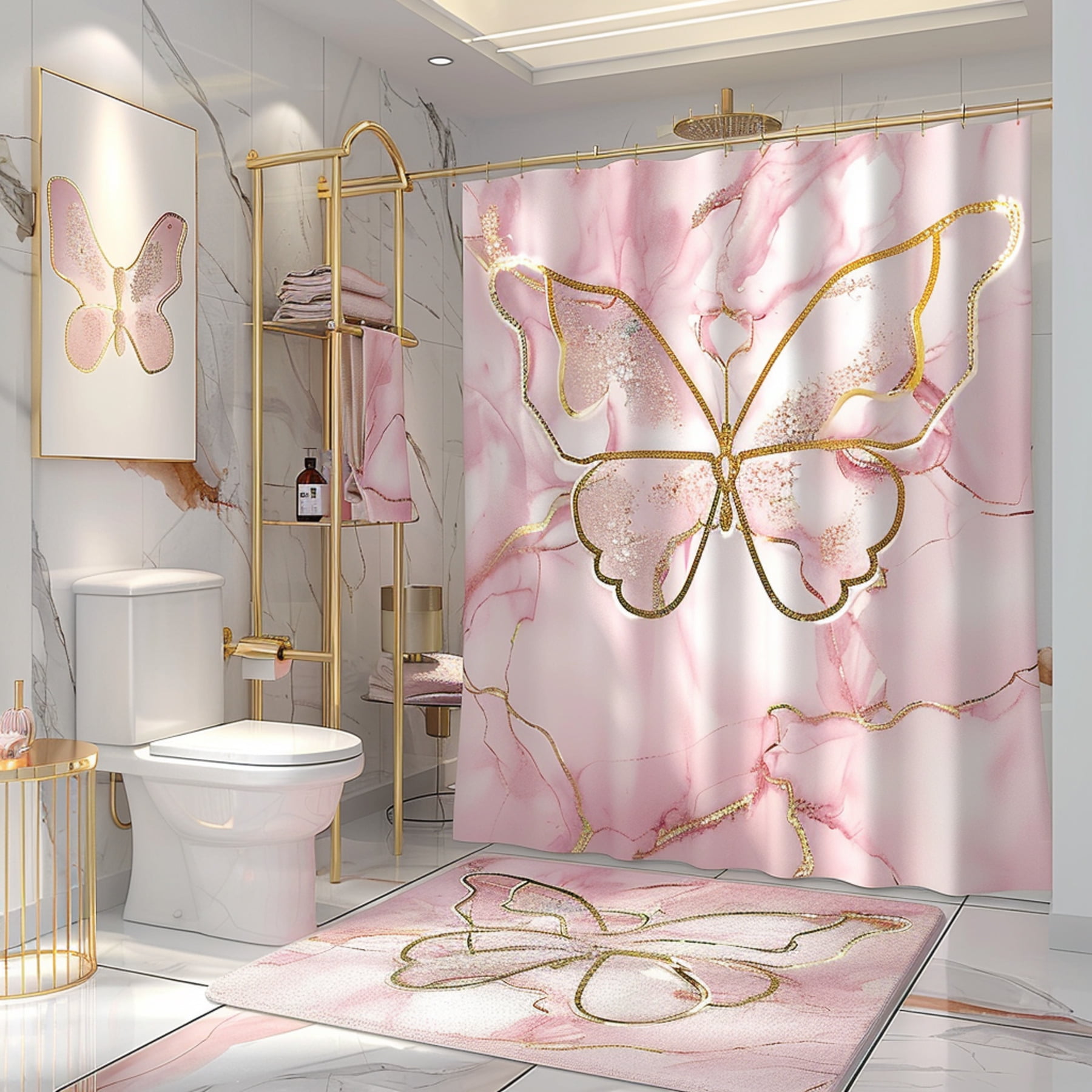 Chic Pink Marble Butterfly Bathroom Set with Golden Accents White Walls ...