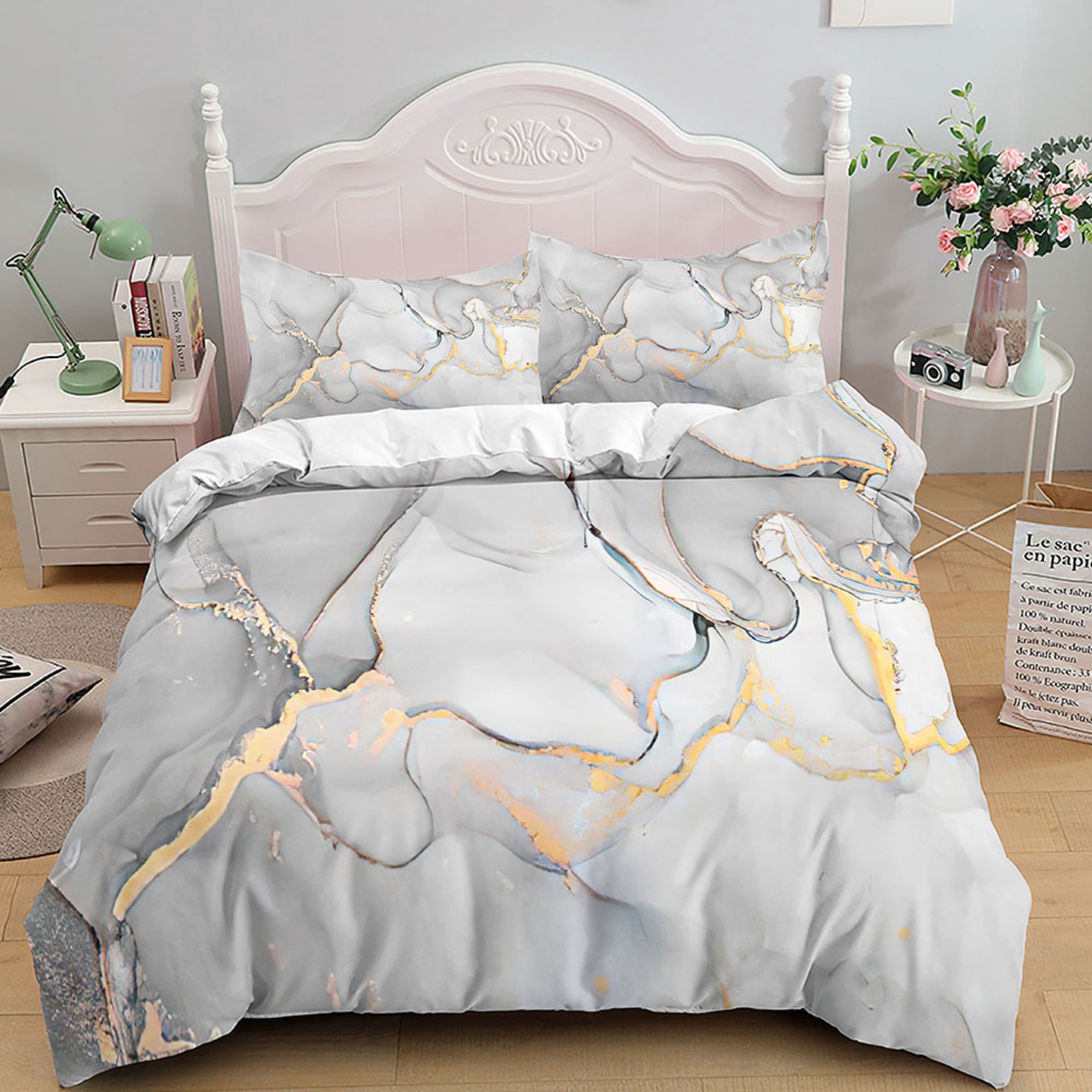 Chic Pink Marble Comforter Cover Girls Women Abstract Art Stone Decor ...