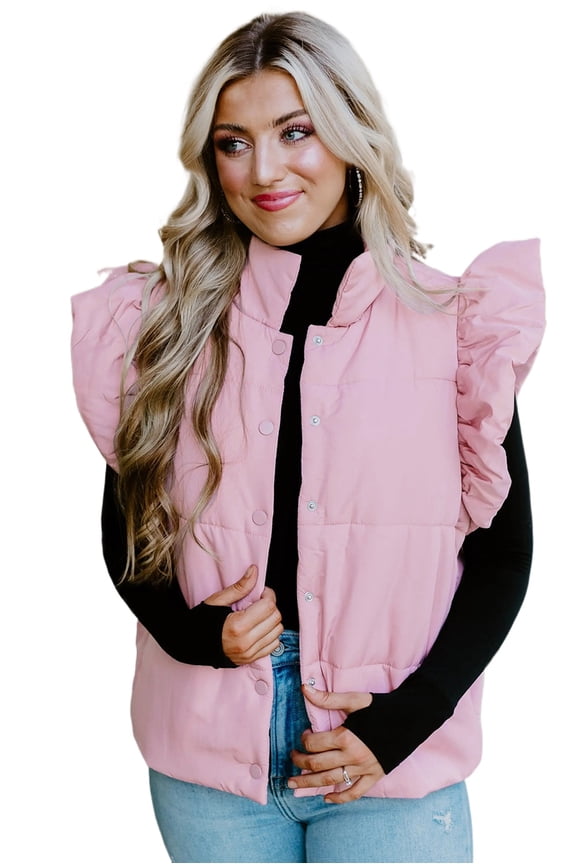 Chic Pink Puffer Vest with Flutter Sleeves – Stand Neck Design for Effortless Winter Fashion [ZhiHiMeRi] | M