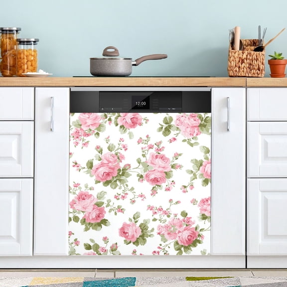 Chic Pink Roses Dishwasher Magnet Refrigerator Magnetic Cover Washing Machine Magnet Sticker Kitchen Decor