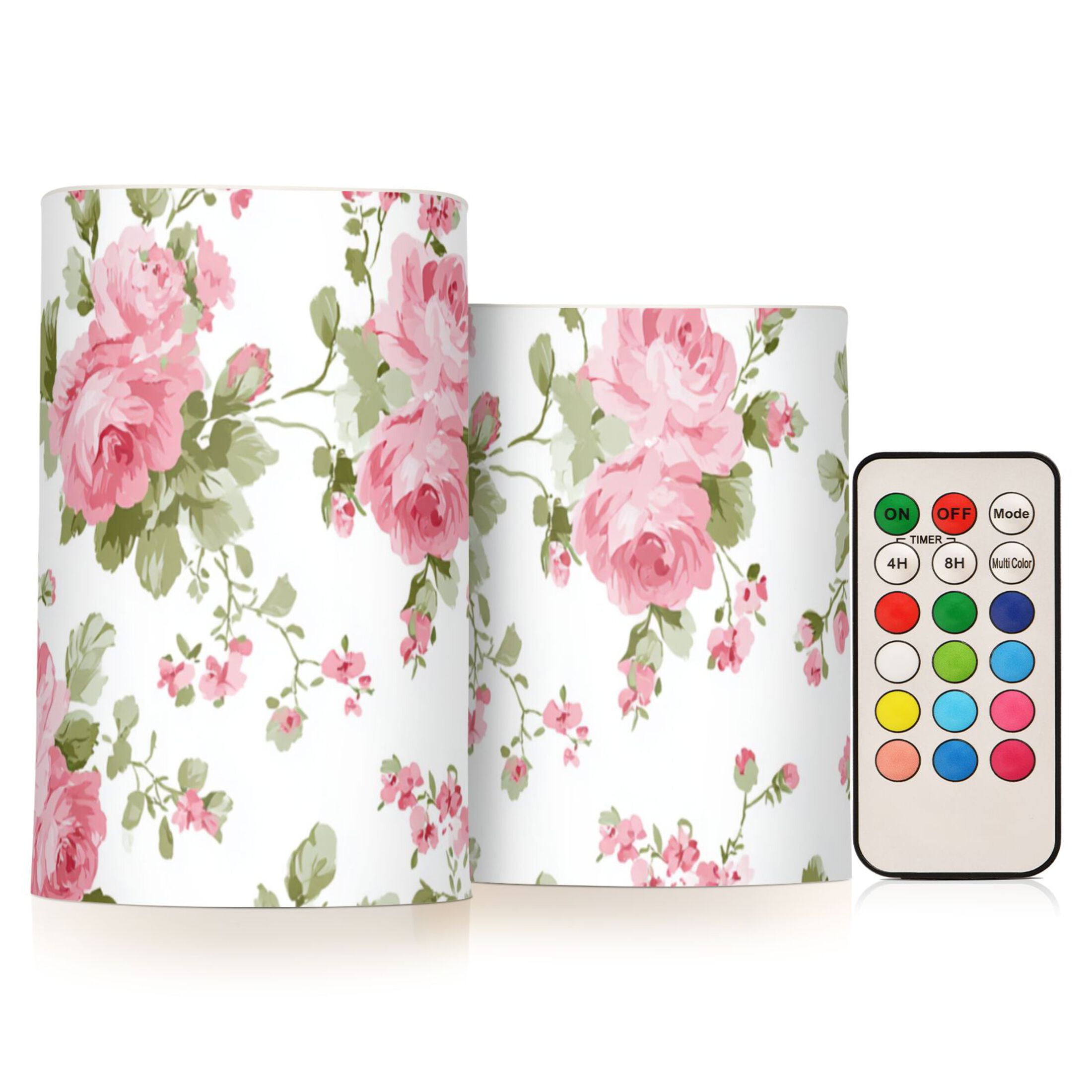 Chic Pink Roses Flickering Flameless Candles LED Tealight Battery Operated with Remote Set of 2 Holiday Decor Ornaments