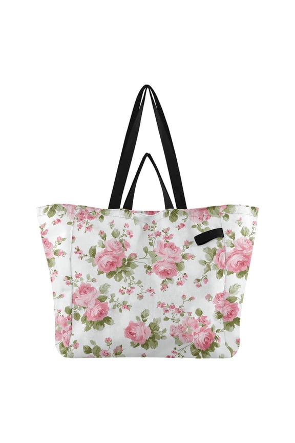 Chic Pink Roses Foldable Canvas Tote Bags Reusable Grocery Bags Laundry Bags Beach Bag 32L
