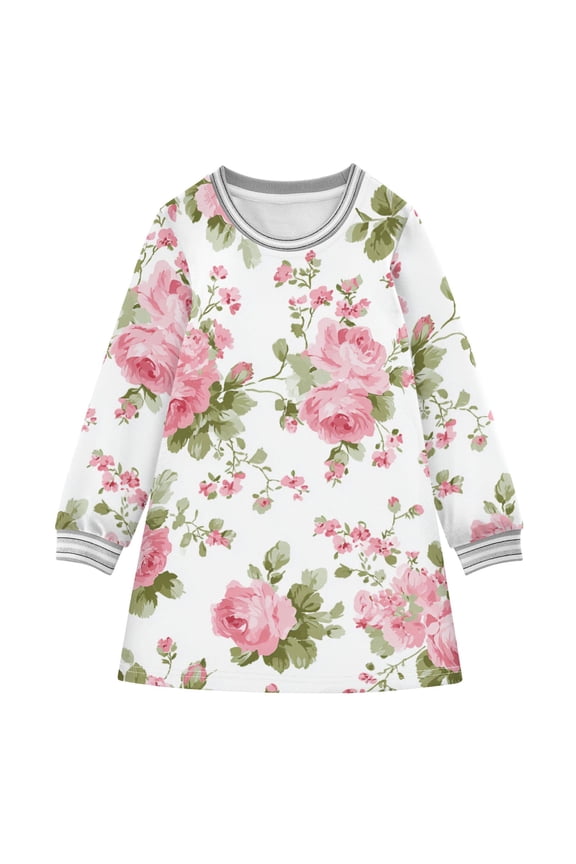 Chic Pink Roses Long-sleeved Dress A-line One-Piece Dress for 2-8 Years Casual Party 2T