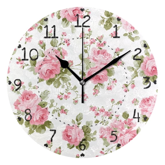 Chic Pink Roses Round Wall Clock Silent Analog Battery Operated Black Pointer Home Decor 9.84" Diameter