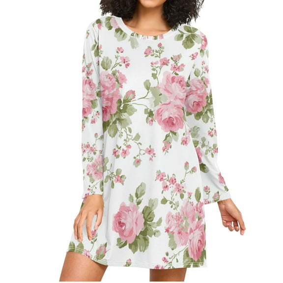 Chic Pink Roses Women's Long Sleeves Nightgowns Sleepwear Soft Pajama A-line Sleep Dress XL