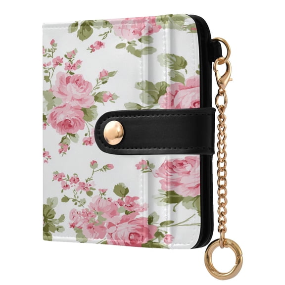 Chic Pink Roses Women's Wallet PU Leather Card Cases RFID Blocking Purse Billfold with Key Ring
