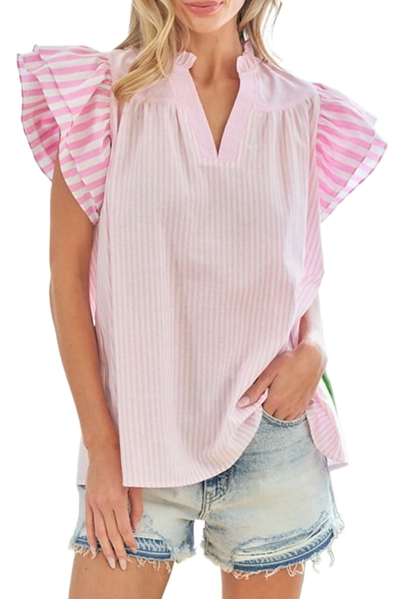 Chic Pink Striped Flutter Sleeve Top – Comfortable Casual Blouse, Thoughtful Gift for Her, M