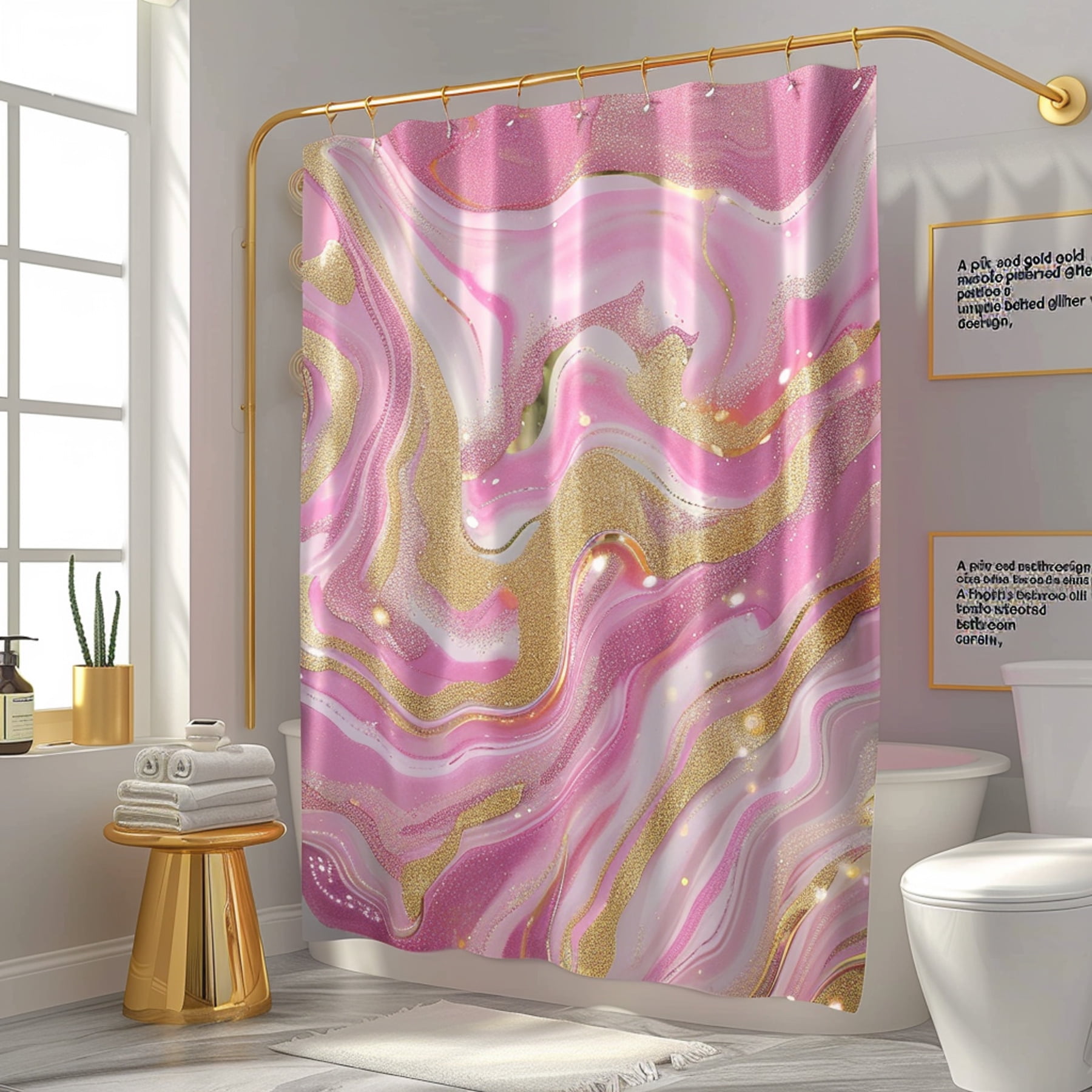 Chic Pink and Gold Marble Glitter Shower Curtain Unique Bathroom Decor