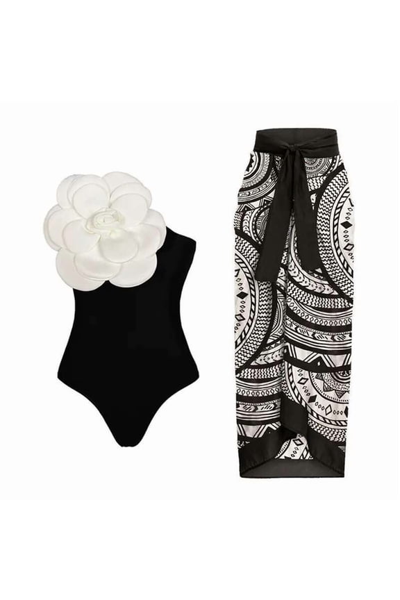 Chic Plus Sized Ladies' Bathing Suit - Sexy White Mono Design with 3D wer Detail